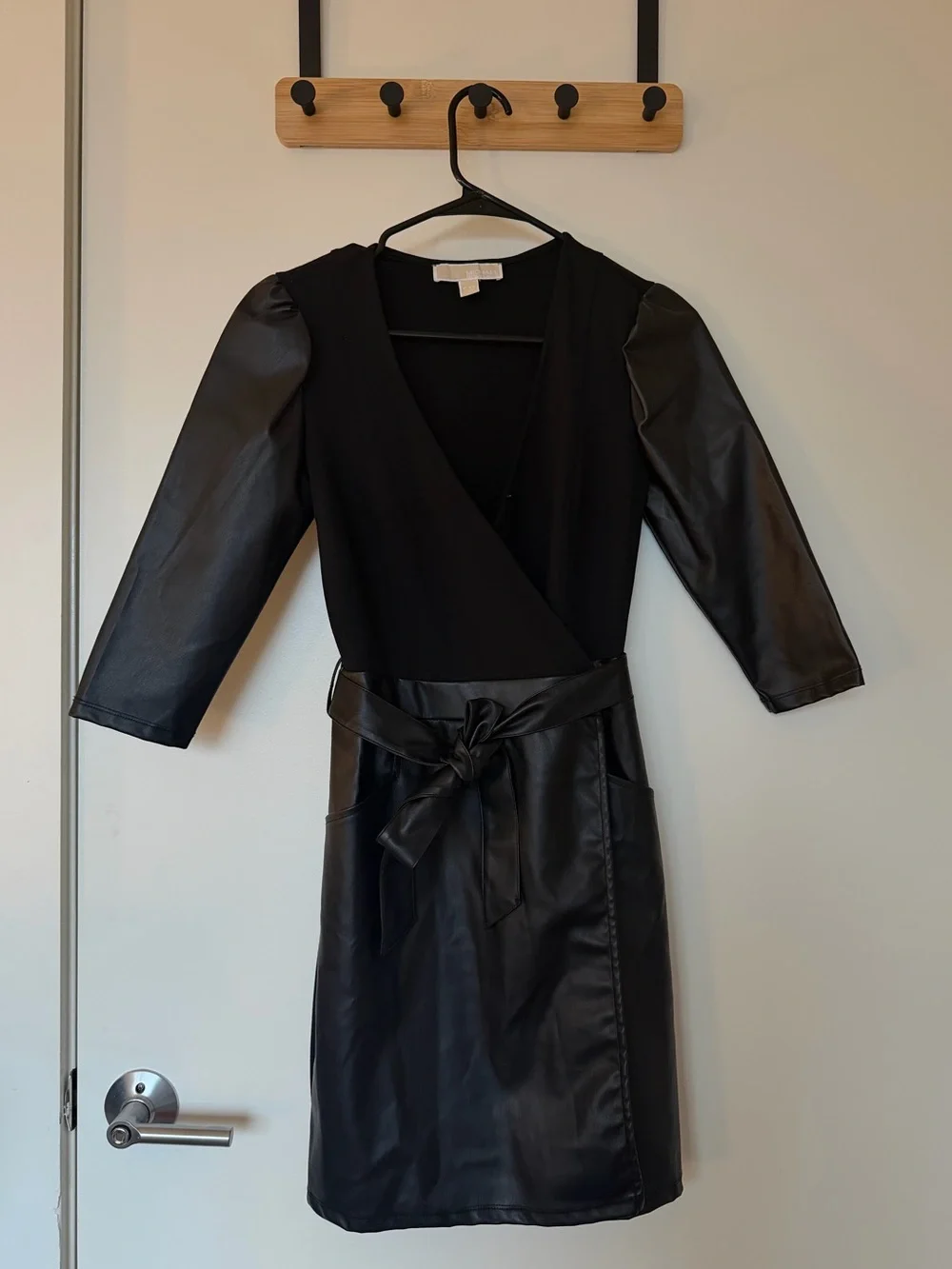 Micheal Kors Black Faux Leather Sleeve Wrap Dress with Belt - Petite